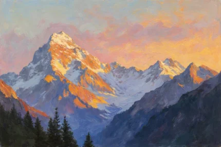 Альпийские вершины на закате - масло 70x90 см