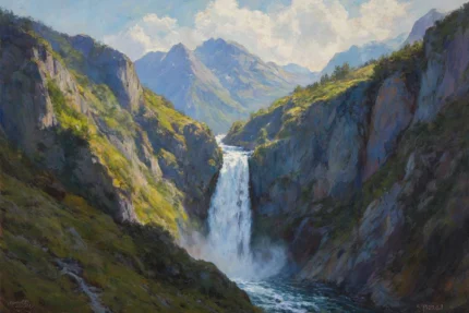Горное ущелье с водопадом - картина акрилом 55x75 см