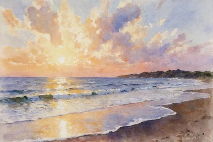 Морской берег на рассвете - акварель 50x70 см